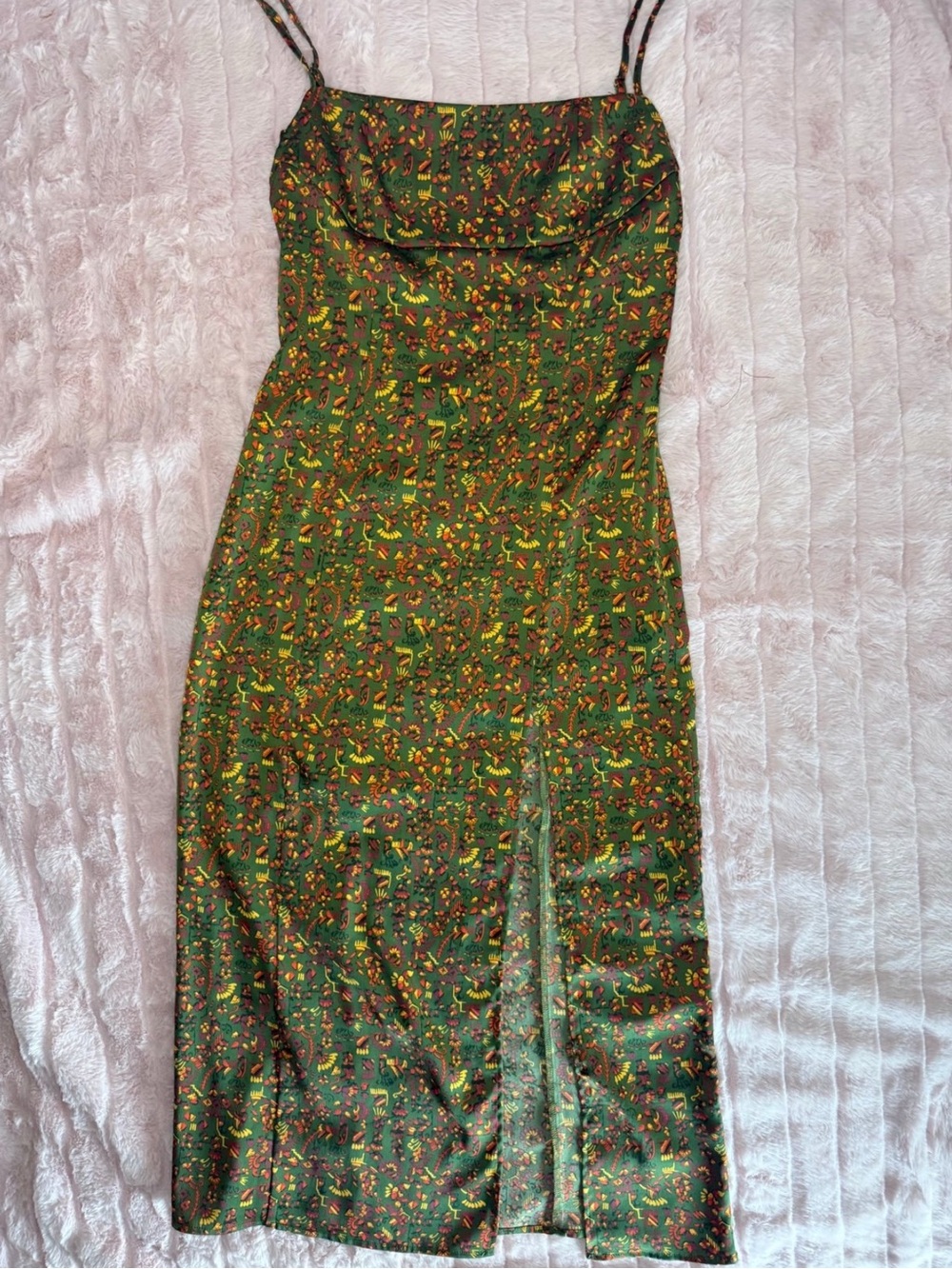Urban Outfitters - Green Floral Silky Satin Slip Dress (Sasha Style) - Size S